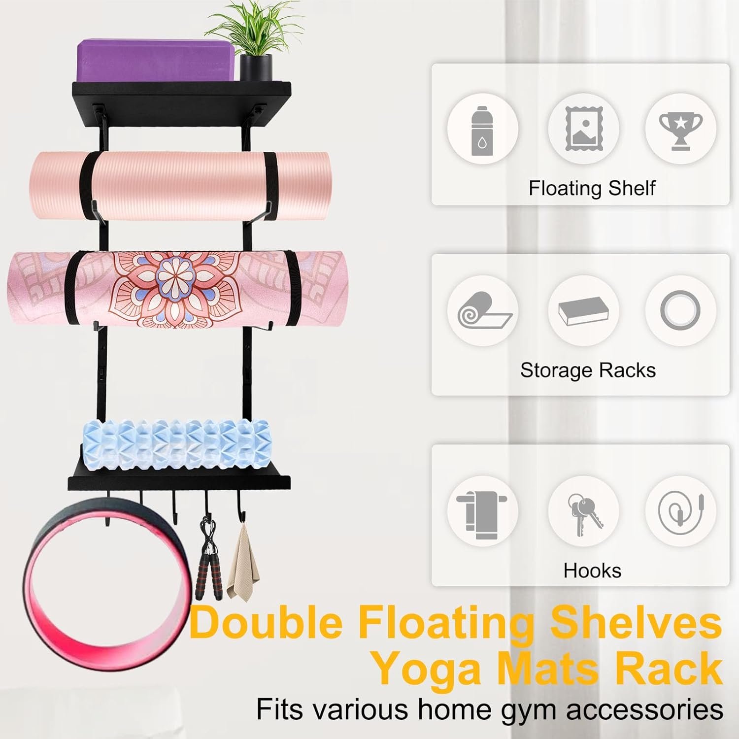 Wall-Mounted Yoga Mat Holder with Floating Shelves & Hooks for Storage - Image 2
