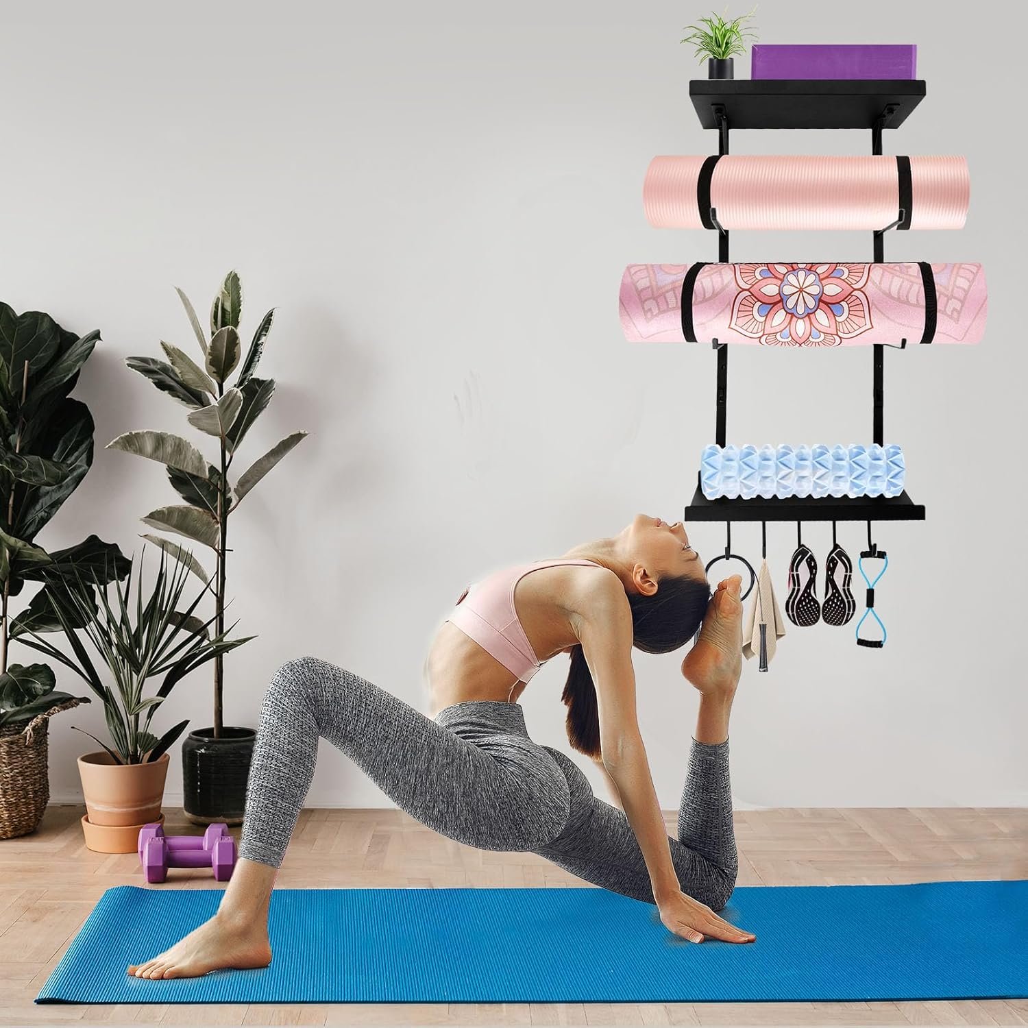 Wall-Mounted Yoga Mat Holder with Floating Shelves & Hooks for Storage - Image 5