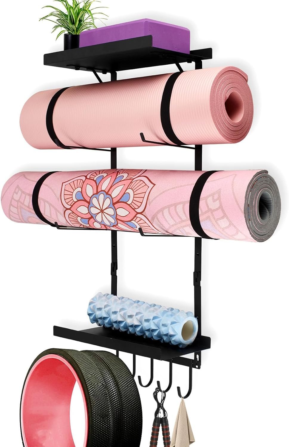 Wall-Mounted Yoga Mat Holder with Floating Shelves & Hooks for Storage - Image 6